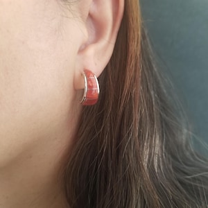Spiny Oyster Inlay Half Hoop Earrings/Sterling Silver Jewelry/ Southwestern Hoop Post Earrings.