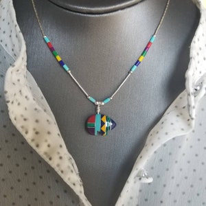 Lovely Turquoise/Zuni Style Bear Inlay/Sterling Silver Necklace/Turquoise and inlay Multicolor/Liquid Silver/Fetish Inlay Handcrafted in USA