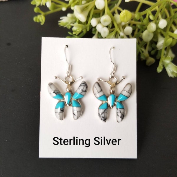Butterfly Sterling Silver Earrings/Turquoise and White Buffalo Inlay Dangle Earrings/ Handcrafted Southwestern style Earrings