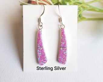 Long Curved Fire Opal Sterling Silver Earrings/Dangle long Inlay lab Created Opal Earrings/ Sterling Silver Earrings pink Blue White Opal