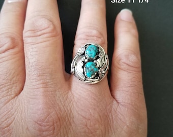 Turquoise Sterling Silver Ring/Free Shape Genuine Turquoise Ring/ Navajo Native Indian Handmade Ring/ Blue Ring/ Men Ring