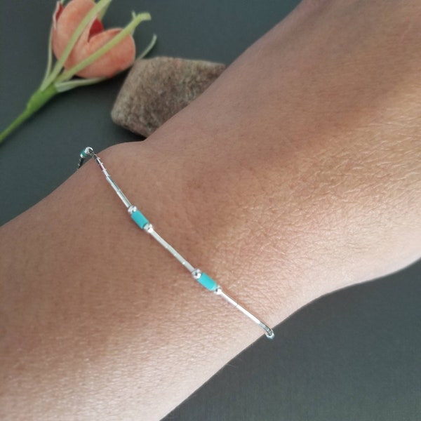 Lovely Turquoise/ Tiny Turquoise & Sterling Liquid Silver handmade Southwestern Bracelet/ Minimalist Teen Bracelet/ Made in USA