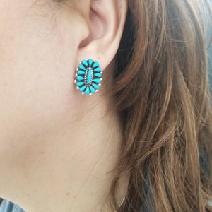 Cluster Post Earrings/NM Native Style Petti Point Sterling Silver Stamped/ Turquoise Southwestern Earrings.