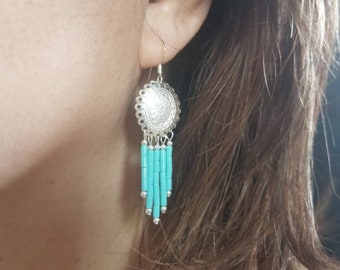 Sterling Silver Turquoise Dangle Earrings, Southwestern Concho Design