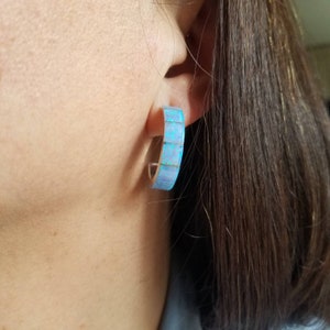Blue Opal Half Hoop Earrings/Sterling Silver and Blue Fashion Jewelry/Inlay Opal Hoop Post Earring/Large Opal Hoops.