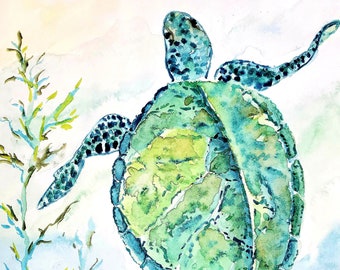 Swimming Sea Turtle Watercolor Print, Sea Turtle Reef Watercolor Print, Sea Life Fine Art Print, Ocean Life Art, Beach House Wall Decor