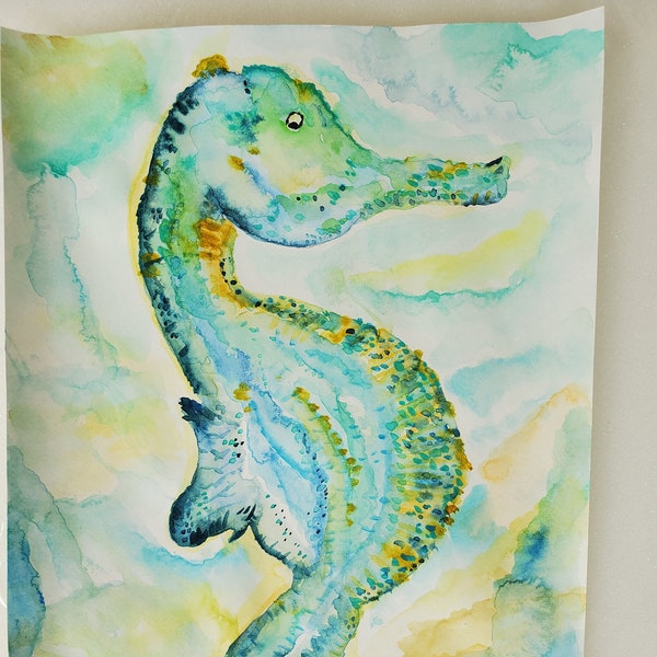 Sea Horse Watercolor Painting, Sea Life Fine Art, Sea Creature Picture, Seahorse Rendering, Beach House Art, Coastal Wall Decor