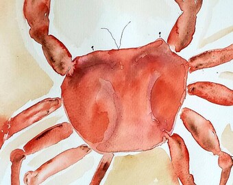 Red Crab Watercolor Painting, Crab wall decor, Sea Life Fine Art,  Original Beach House Art, Coastal Cottage Wall Decor, Tropical Wall Art,