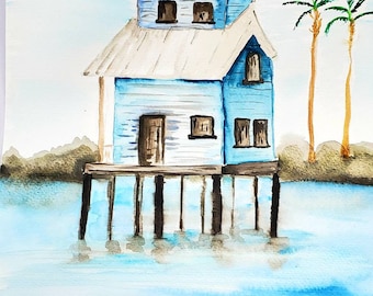 Stilt House Watercolor Print, Fishing Village Artwork, Old Fishing Shack on Stilts Image, Rustic Seashore House Painting,