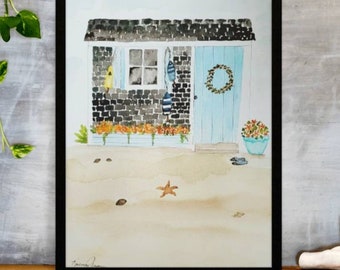 Rustic Beach Shack Watercolor Print, Oceanside Fine Art, Seascape Wall Decor, Beach,  Coastal Tropical Home Decor,  She Shed Artwork