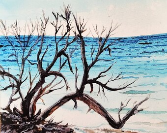 Arte de paisaje marino de la isla de Sanibel, impresión de paisaje marino de playa con faro, decoración de pared para casa costera, arte de pared de casa de playa, impresión de acuarela oceánica,