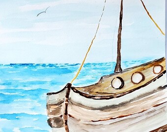 Rustic Boat Watercolor Painting, Weathered Sailboat Artwork, Nautical Fine Art, Ship Aground Painting, Coastal Wall Decor, Beach House Art