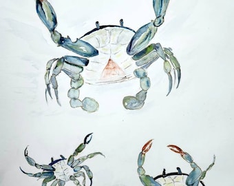 Blue Crabs Swimming Watercolor Print, Maryland Blue Crab Art, Coastal Living Room Wall Art, Beach House Artwork, Chesapeake Bay Art,