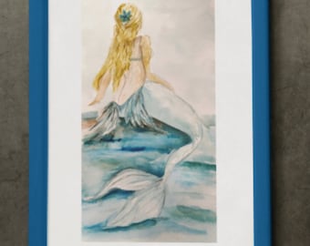 Mermaid Watercolor Painting, Fantasy Art, Coastal Living Room Wall Art, Beach House Wall Decor, Art for Her, Ocean Life Art, Mermaid Artwork