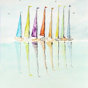 Colorful Sailboat Flotilla Watercolor Print, Nautical Fine Art, Reflections on Water Painting, Coastal Wall Decor, Beach House Artwork