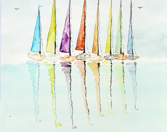 May include: Watercolor painting of eight sailboats with colorful sails lined up in a row on a calm body of water. The sail colors are blue, yellow, purple, orange, yellow, green, blue, and red.