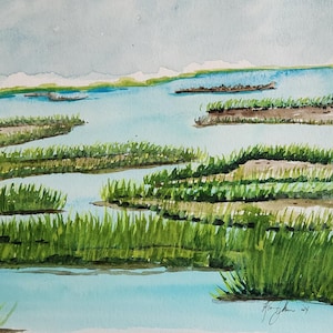Salt Marsh Original Watercolor Painting,  Coastal Living Room Wall Art, Beach House Wall Decor, Seaside Landscape Painting