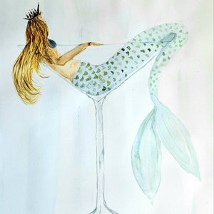 Mermaid Watercolor Print,  Mermaid in a Martini Glass, Coastal Living Room Wall Art,  Beach Bar Art, Beach House Art, Vacation Home Art