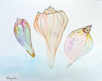 Sea Shells in Soft Tropical Colors Watercolor Painting, Sea Shell Art Image, Seashell Art,  Beach and Tropical Artwork, Seashell Painting