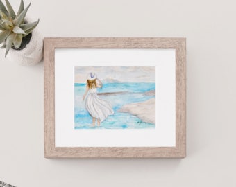 Original Woman on Beach Watercolor Painting, Beach Girl Wall Art, Coastal Living Room Wall Art, Beach House Wall Decor, Seascape Watercolor