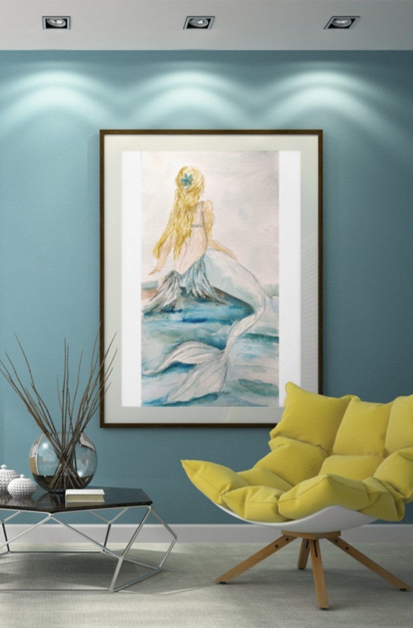 Mermaid Watercolor Painting, Fantasy Art, Coastal Living Room Wall Art ...