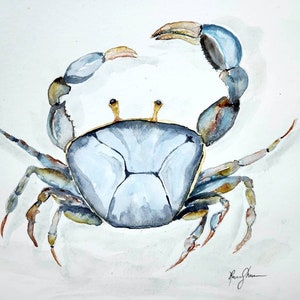 Tropical Crab Watercolor Print, Coastal Living Room Wall Art, Tropical Home Artwork, Beach House Art, Delicate Crab in Blue and Brown