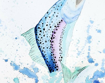 Rainbow Trout Watercolor Painting, Jumping Lake Fish Artwork, Sea Life Fine Art, Fish in Motion Picture, Coastal Home Wall Decor