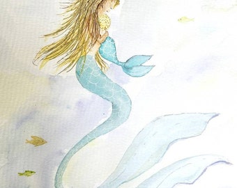 Mermaid Mother and Baby Giclee Print, Mermaids Under the Sea Art, Mother and Child Art, Ocean Wall Art, Coastal Wall Decor
