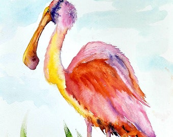 Roseate Spoonbill Watercolor Painting, Sea Bird Fine Art, Marine Life Art, Salt Marsh Art, Pink Shore Bird Art,