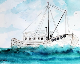May include: A watercolor painting of a white wooden fishing boat with a brown deck and a blue sky with white clouds in the background.