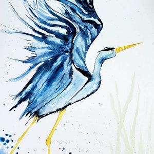 Large Blue Heron Watercolor Print, Sea Bird Art, Beach Tropical Coastal Nautical Wall Art, Sea Life Fine Art, Lake House Art