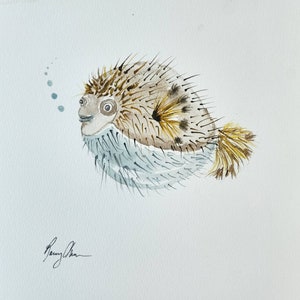Puffer Fish Original Watercolor Painting, Ocean Life Art, Coastal Home Wall Decor, Beach House Art, Coastal Nursery Art, Fish Painting