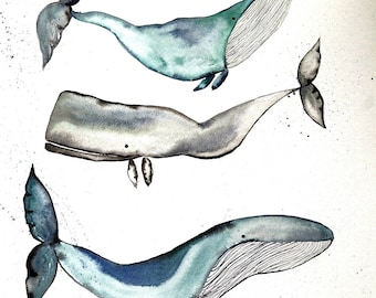 Three Whales Watercolor Painting, Sea Life Art, Whale Art Wall Decor, Ocean Life Artwork, Coastal Beach Tropical Wall Art, Whale Decor