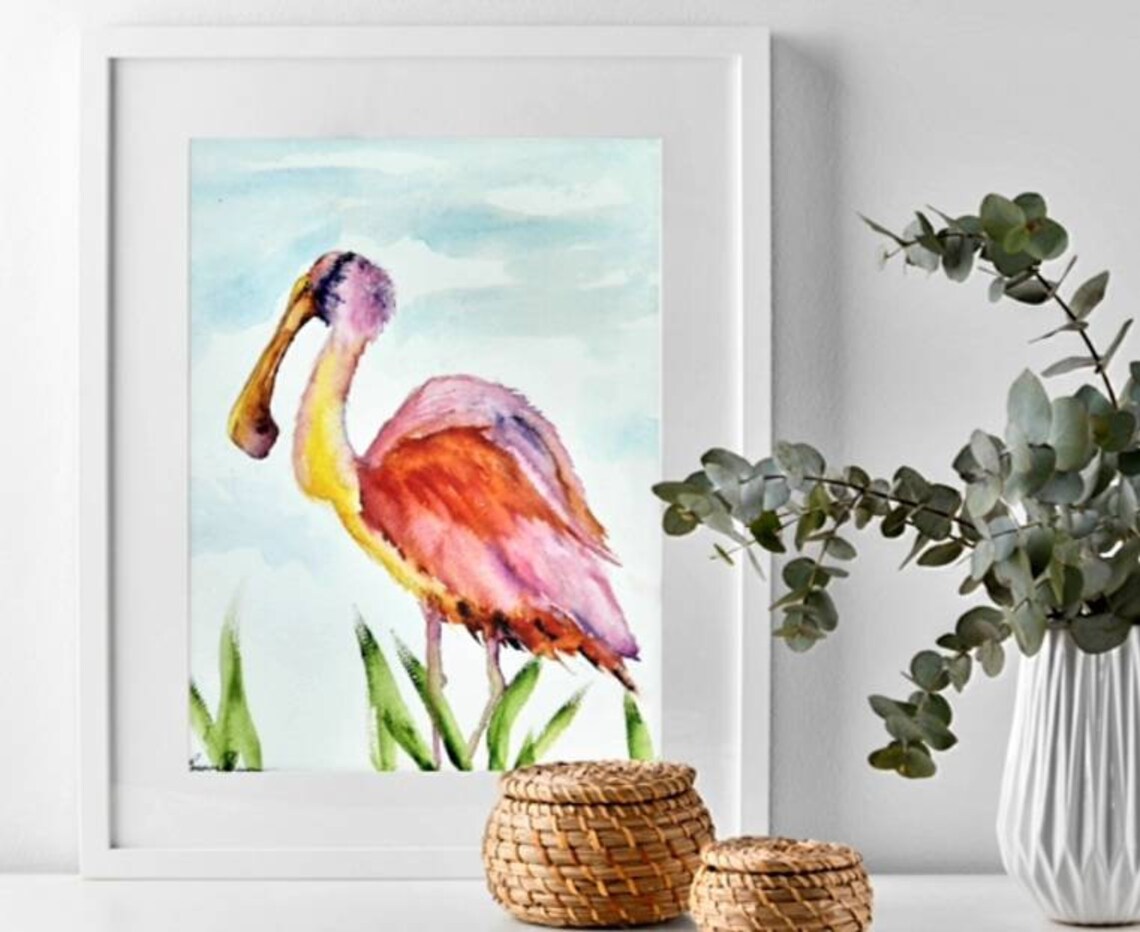 Roseate Spoonbill Watercolor Painting Sea Bird Fine Art | Etsy
