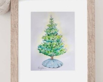 Coastal Christmas Tree Watercolor Painting, Xmas Tree with Starfish Shells Blue Ornaments, Holiday Coastal Wall Decor, Beachy Xmas Tree Art