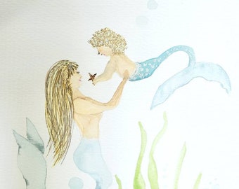 Mermaid Mother and Child Giclee Print, Mothers Day Gift Artwork, Mermaid Under the Sea Art, Coastal Wall Decor, Beach House Artwork