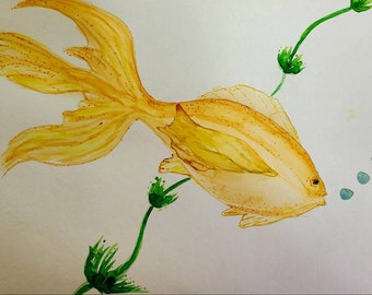 watercolor painting, goldfish painting, tropical fish painting, aquarium painting, fish painting, sea life painting, pond painting,