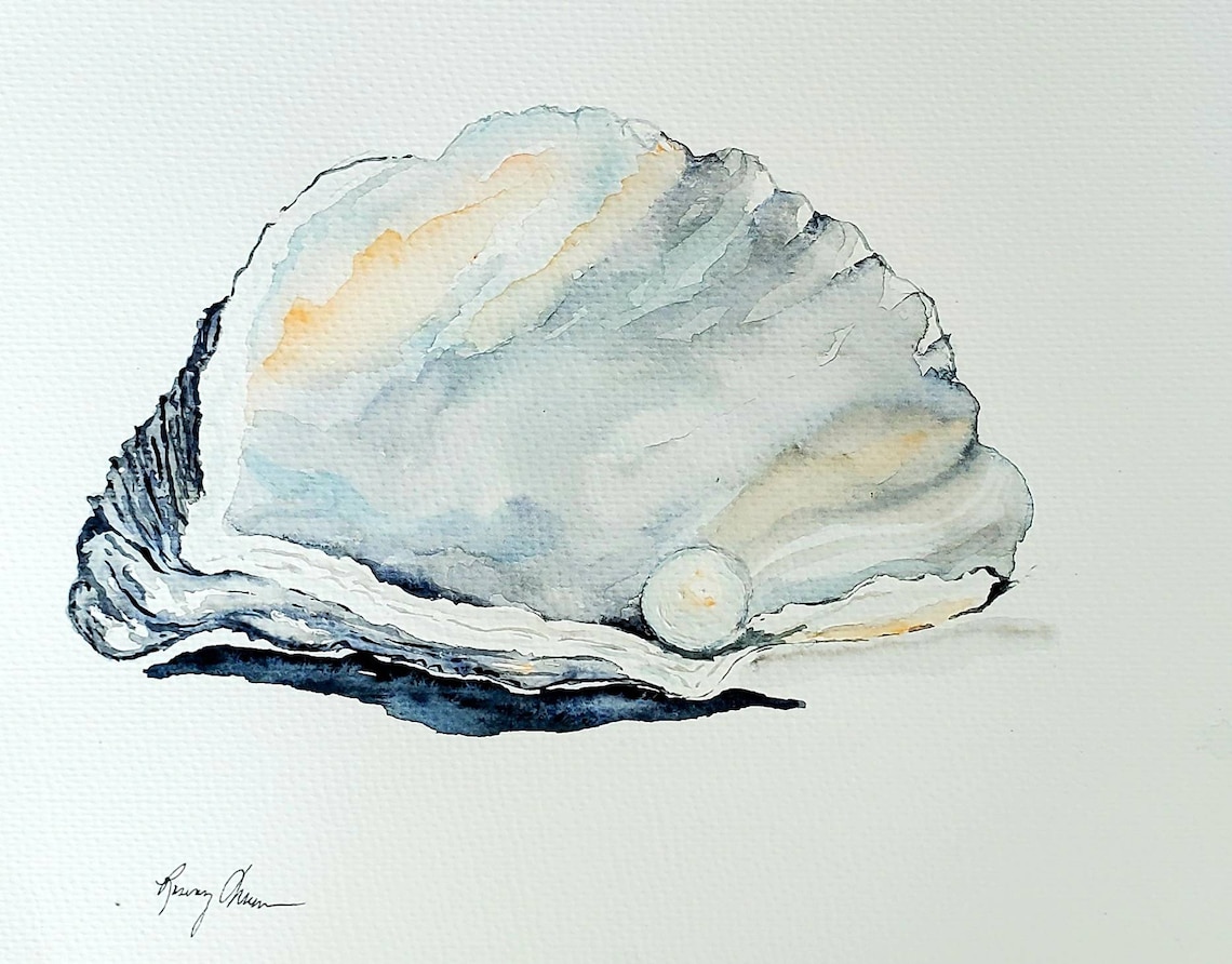 Oyster With Pearl Watercolor Print Sea Shell Fine Art Beachy Etsy