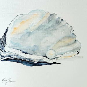 Oyster with Pearl Watercolor Print, Sea Shell Fine Art,  Beachy Wall Decor, Coastal Tropical Ocean Artwork, Living Room Wall Art, Oyster Art