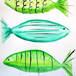 Fun fish Watercolor Painting Print, Three Blue and Green Fish with Whimsical Designs Artwork, Fish Art and Wall Decor, Beach Lake House Art