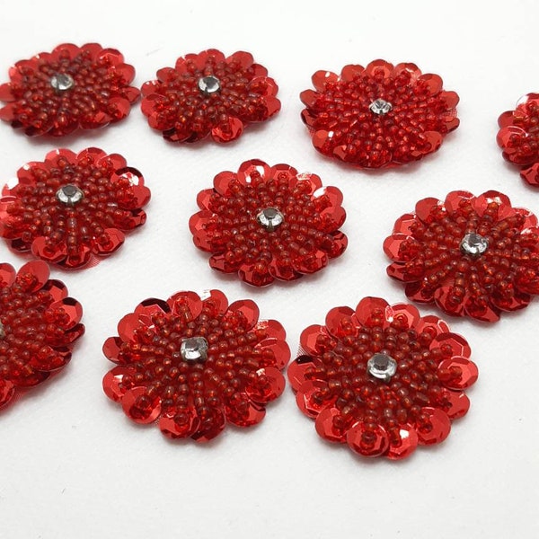 Red Sequin, Beaded, Round Motif, Circular, Pack Of 10, Applique, Patch, Flower, Diamante