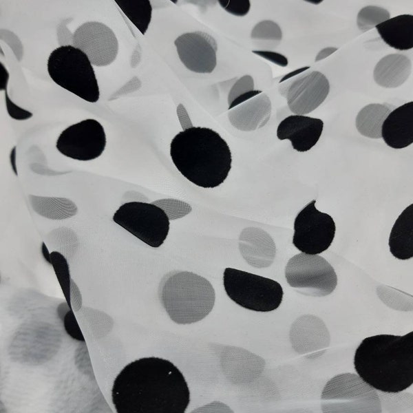 2CM Polka Dots Fabric, Sheer Organza Black Polka Dot Lace Fabric, Retro Flocking Dots Organza Tulle Fabric