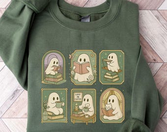 Retro Ghost Reading Books Sweatshirt, Librarian Ghost Halloween, Halloween Teacher Sweatshirt, Halloween Shirt, Teacher Gift, Boo School