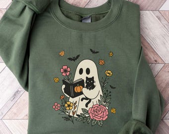 Retro Ghost Reading Books Sweatshirt, Librarian Ghost Halloween, Halloween Teacher Sweatshirt, Halloween Shirt, Teacher Gift, Boo School