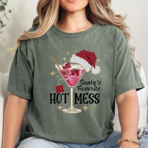 Santa&#39;s Hot Mess Shirt, Comfort Colors Christmas Martini Tshirt, Christmas Drink Shirt, Christmas Party Shirt, Drink Tshirt For Women