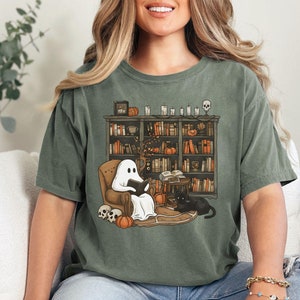 Comfort Colors® Ghost Reading Books Shirt, Bookish Halloween Shirt, Teacher Librarian Halloween Gift, Halloween Book Lover, Halloween School