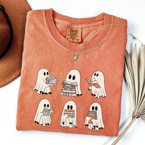Comfort Colors® Cute Ghost Reading Book Halloween Tshirt, Ghost Reading Book Girly Shirt, Ghost Girly Halloween Gift, Trendy Halloween Gift