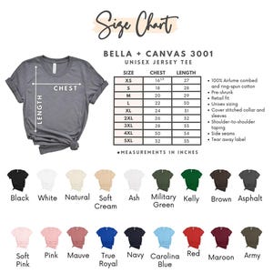 Może przedstawiać: Tabela rozmiar&oacute;w dla koszulki unisex Bella + Canvas 3001, z wymiarami klatki piersiowej i długości w calach. Zawiera paletę kolor&oacute;w z opcjami takimi jak czarny, biały i granatowy. Zawiera szczeg&oacute;ły takie jak wstępnie skurczony materiał i odrywana metka.