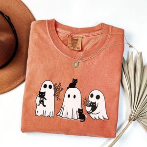 Halloween Black Cat & Ghost Comfort Colors Shirt, Halloween Ghost Tshirt, Spooky Season Cat Tee, Halloween Cute Women Outfit, Halloween Gift