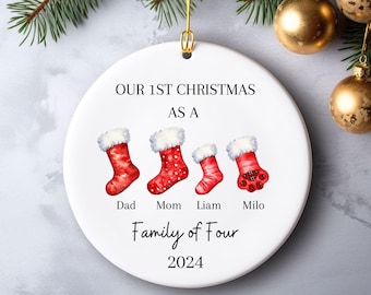 Family of 3 + Dog Ornament, Family of 3, Family of 4 Ornament, Personalized Baby&#39;s First Christmas Ornament, First Christmas Ornament